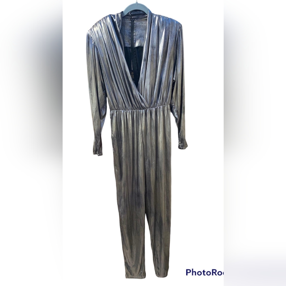 Vintage silver lamé jumpsuit shoulder pads 80s